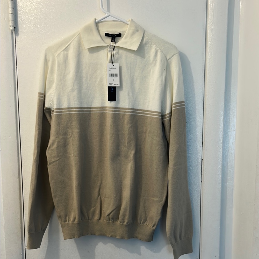 Tahari Tan and Cream Crewneck Sweater